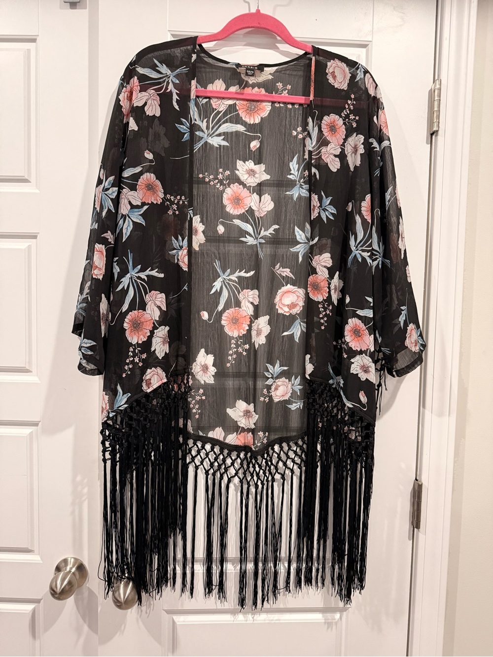 Torrid Floral Black Sheer Kimono with Fringe